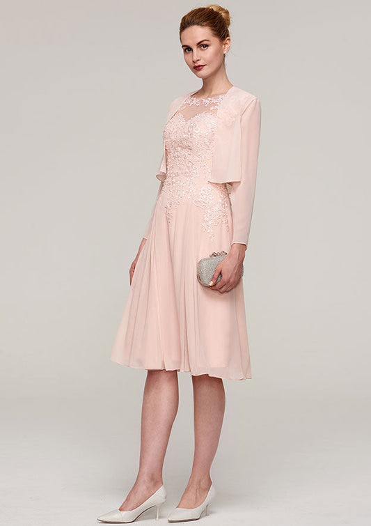 Wedding Guest Dresses Pink Chiffon Classic Elegant A-line Boat Neck Sleeveless Lace Appliqued With Long Sleeves Jacket Two-Piece Knee-Length Hot Sale Mother of the Bride Dress