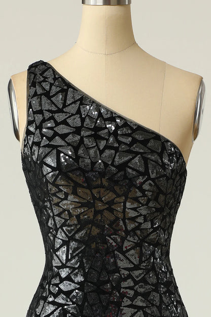 Vestido de fiesta de sirena con un solo hombro y lentejuelas doradas oscuras