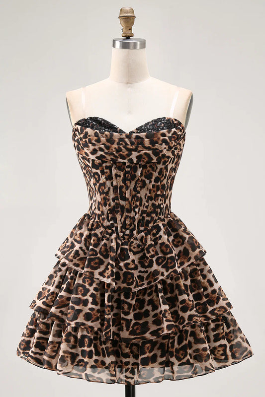 Chic Short Dress Brown Leopard A Line Strapless Corset Lace Sequin Sweetheart Sleeveless Backless Layering Ruched Bargain Homecoming Dress