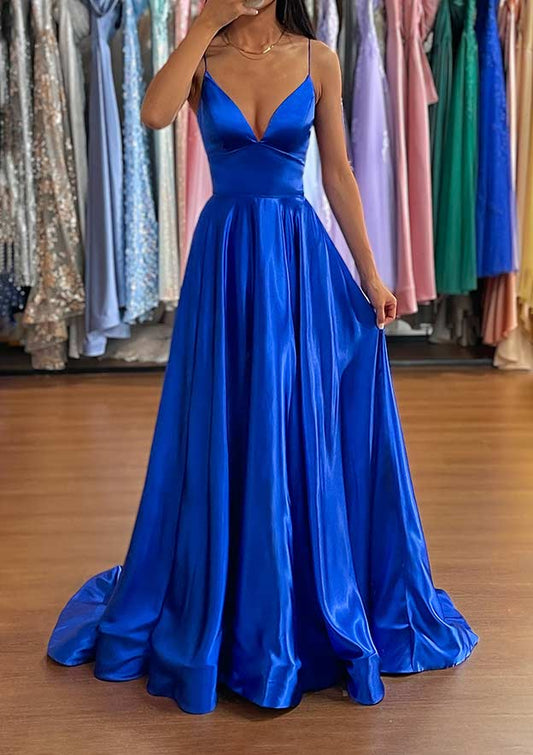 Royal Blue Elegant A-line Spaghetti Strap V Neck Sleeveless Backless Ruched Hot Sale Long Prom Dress