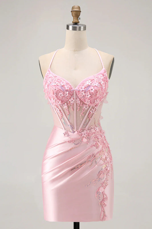 Exquisite Short Dress Pink Tight Spaghetti Strap Sweetheart Neckline Sleeveless Sequin 3D Floral Pleated Backless Hot Sale Homecoming Dress