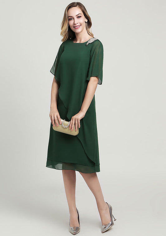 Wedding Guest Dresses Dark Green Chiffon Elegant Sheath/Column Scoop Neck Short Sleeve With Beading Ruffles Knee-Length Hot Sale Mother of the Bride Dress