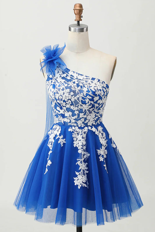 Fashion Short Dress Royal Blue Tulle A Line One Shoulder Sleeveless Lace Applique with 3D Flower Backless Hot Sale Homecoming Dress