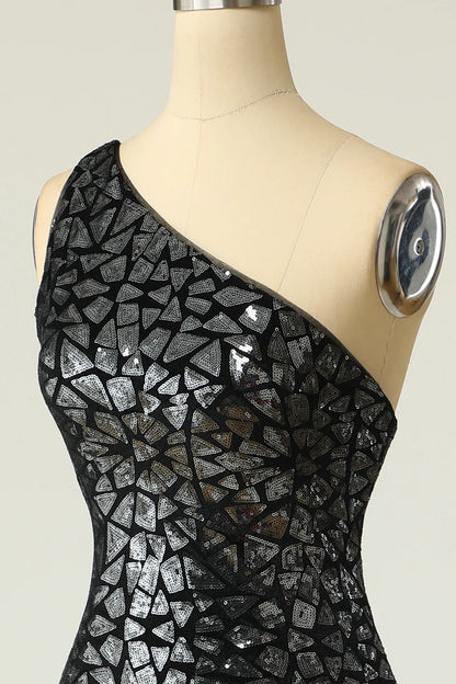 Vestido de fiesta de sirena con un solo hombro y lentejuelas doradas oscuras