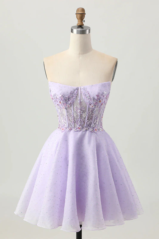 Exquisite Short Dress Sparkly Lilac A Line Strapless Sleeveless with Beading Flower Rhinestone Backless Hot Sale Homecoming Dress