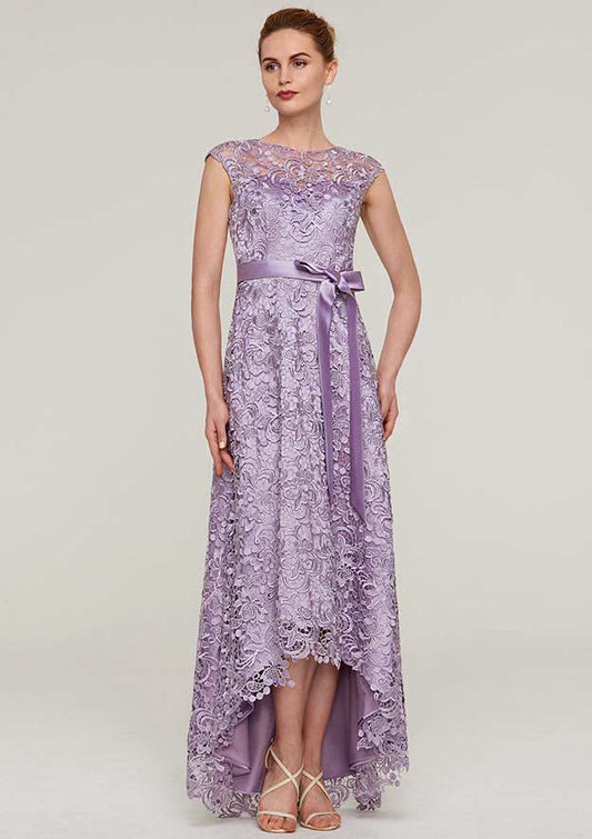 Wedding Guest Dresses Vintage A-line Purple Lace Boat Neck Sleeveless With Sashes Asymmetrical Hem Hot Sale Mother of the Bride Dress