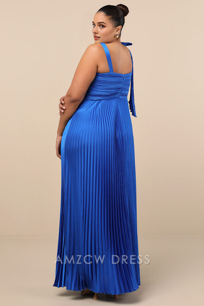 Vestido largo elegante y elegante con lazo, sin mangas, plisado y azul real, de Amzcw.