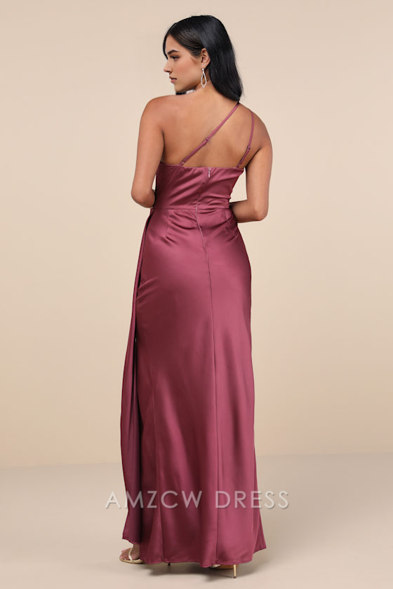 Vestido largo de satén morado malva con un solo hombro, elegante y elegante de Amzcw.