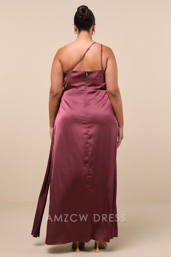 Vestido largo de satén morado malva con un solo hombro, elegante y elegante de Amzcw.