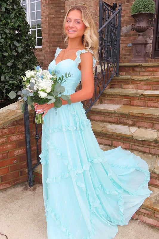 Cute Blue A Line Sweetheart Pleated Hollow-Out Sleeveless with Tiers Ruffles Cheap Long Prom Dress