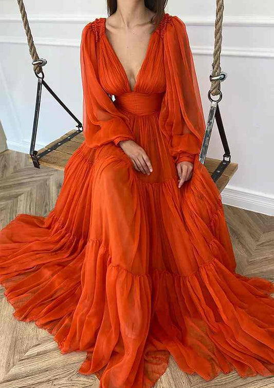 Chiffon Fashion A-line Deep V Neck Long Sleeve With Pleated Hot Sale Long Prom Dress