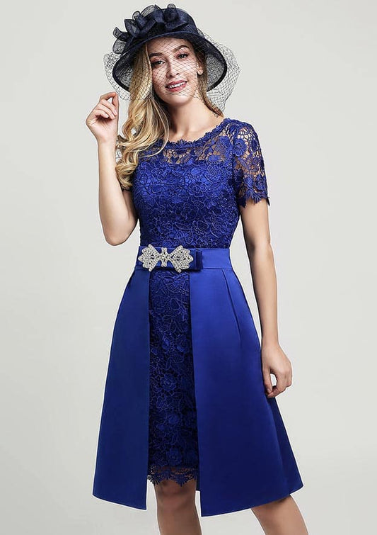 Wedding Guest Dresses Royal Blue Lace Elegant Sheath/Column Scoop Neck Short Sleeve With Side Draping Waistband Beading Bowknot Knee-Length Hot Sale Mother of the Bride Dress