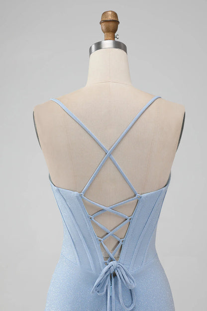 Amzcw Light Blue Bodycon Spaghetti Straps Corset Short Homecoming Dress