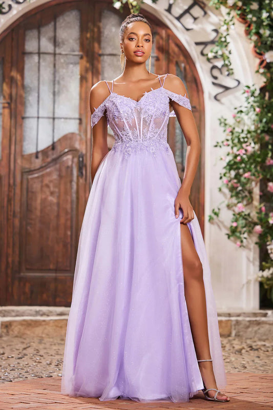 Lilac Sparkle A-Line Spaghetti Straps Sweetheart Neckline Sleeveless Lace Applique Backless Slit Cheap Long Prom Dress