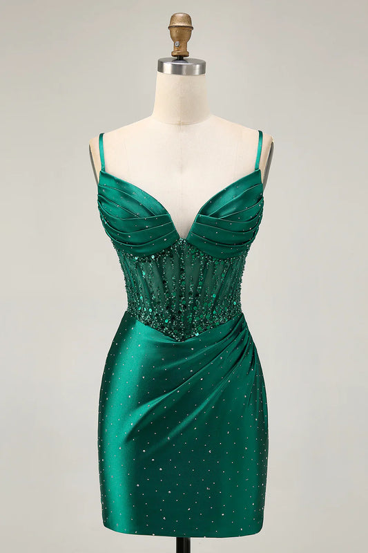 Stylish Short Dress Sparkly Dark Green Satin Tight Spaghetti Strap Sweetheart Neckline Sleeveless Backless with Beading Rhinestone Hot Sale Homecoming Dress