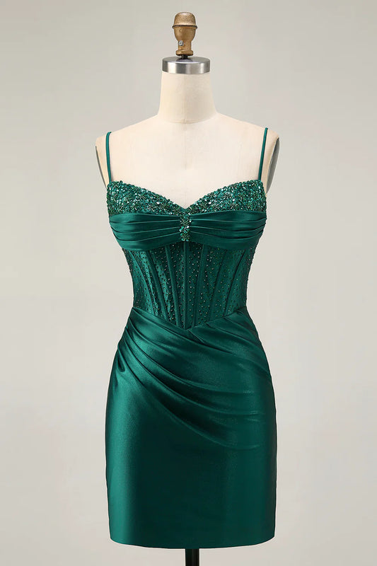 Fashion Short Dress Sparkly Dark Green Satin Tight Spaghetti Strap Sweetheart Neckline Sleeveless with Beading Pleated Backless Hot Sale Homecoming Dress