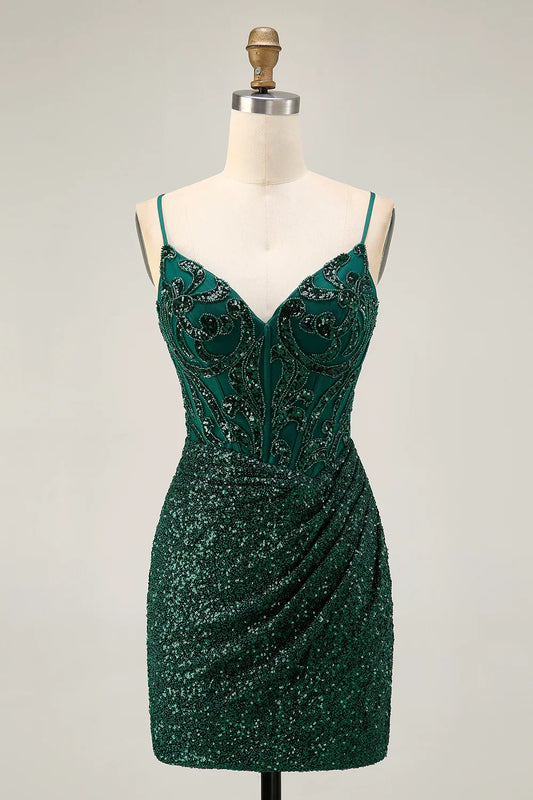 Exquisite Short Dress Sparkly Dark Green Sequins Bodycon V-Neck Spaghetti Strap Sleeveless Beading Pleated Backless Hot Sale Homecoming Dress
