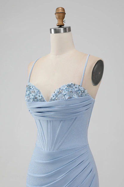 Amzcw Light Blue Bodycon Spaghetti Straps Corset Short Homecoming Dress