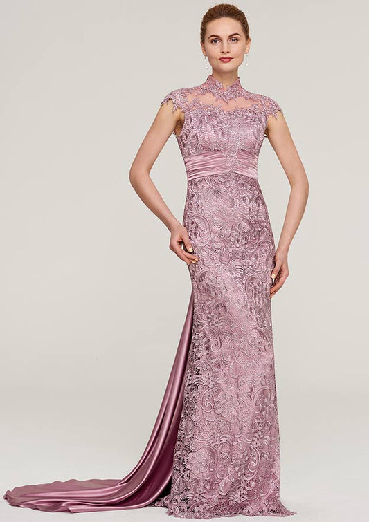 Wedding Guest Dresses Lace Vintage Sheath High-Neck Sleeveless With Pleated Backless Court Train Hot Sale Mother of the Bride Dress