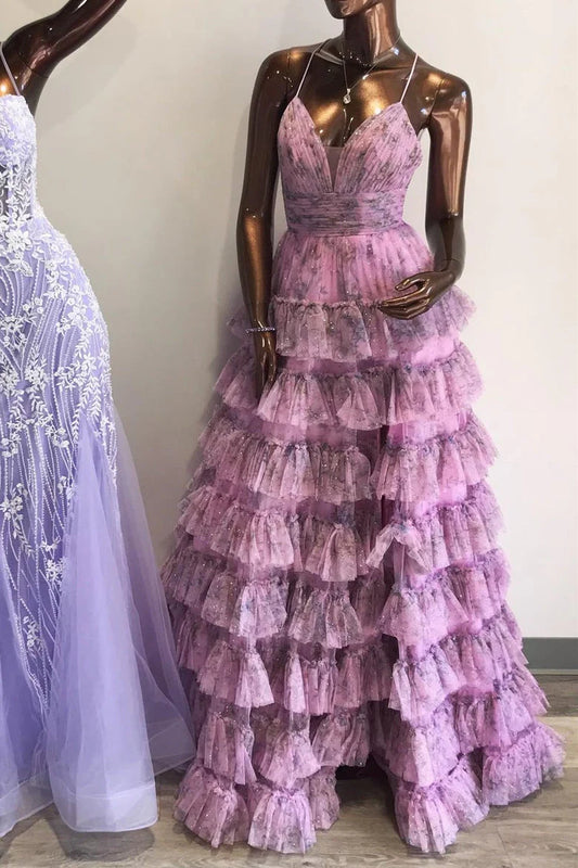 Vestidos de fiesta largos con escote en V y volantes en capas, vestidos de noche sin espalda y estampado floral 
