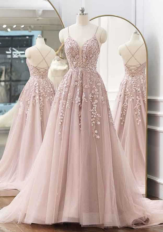 Exquisite Tulle A-line V Neck Spaghetti Straps Sleeveless With Lace Appliqued Beading Backless Hot Sale Long Prom Dress