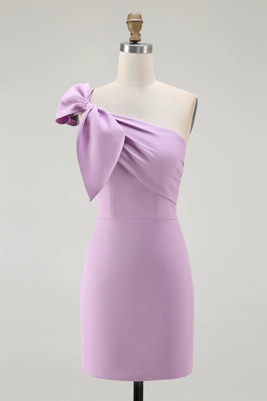 Cute Short Dress Lilac Satin Sheath One Shoulder with Bow Sleeveless Pleated Graduation Dress Bargain Homecoming Dress