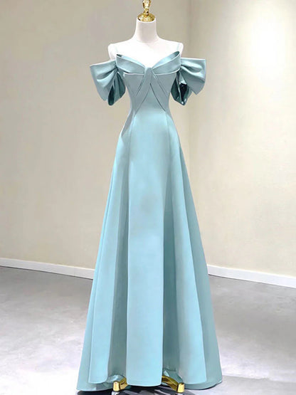 Amzcw Blue A-Line Satin Long Prom Dresses Blue Satin Long Formal Dresses prom dress in store ﻿