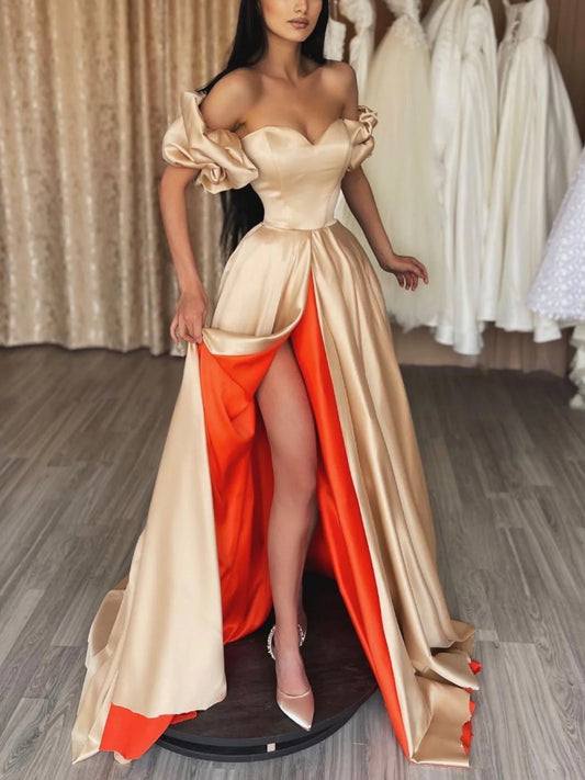 Amzcw Champagne sweetheart neck satin long prom dress unique evening dress formal wear dresses