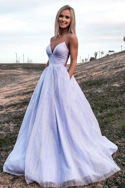 Amzcw Purple v neck tulle sequin long prom dress purple tulle formal dress formal wear dresses