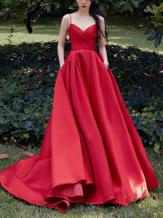 Amzcw Vestido de fiesta largo de satén con escote en V rojo sencillo, vestido de noche rojo, vestidos formales 