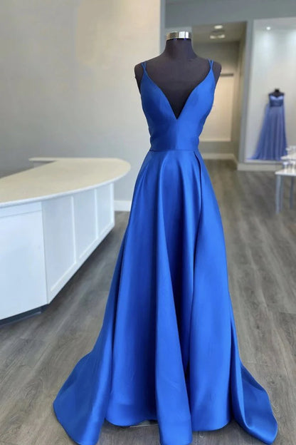 Amzcw Blue v neck satin long prom dress blue bridesmaid dress formal wear dresses