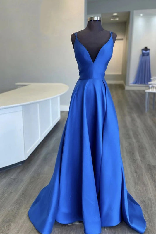 Amzcw Blue v neck satin long prom dress blue bridesmaid dress formal wear dresses