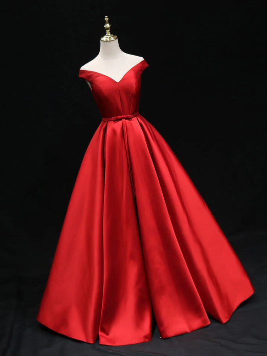 Vestido de fiesta Amzcw sencillo de satén rojo con corte A y escote en V para dama de honor, vestido formal rojo. 
