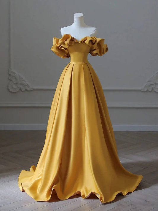 Amzcw Yellow A-Line Satin Long Prom Dresses Yellow Long Evening Dress prom dress in store