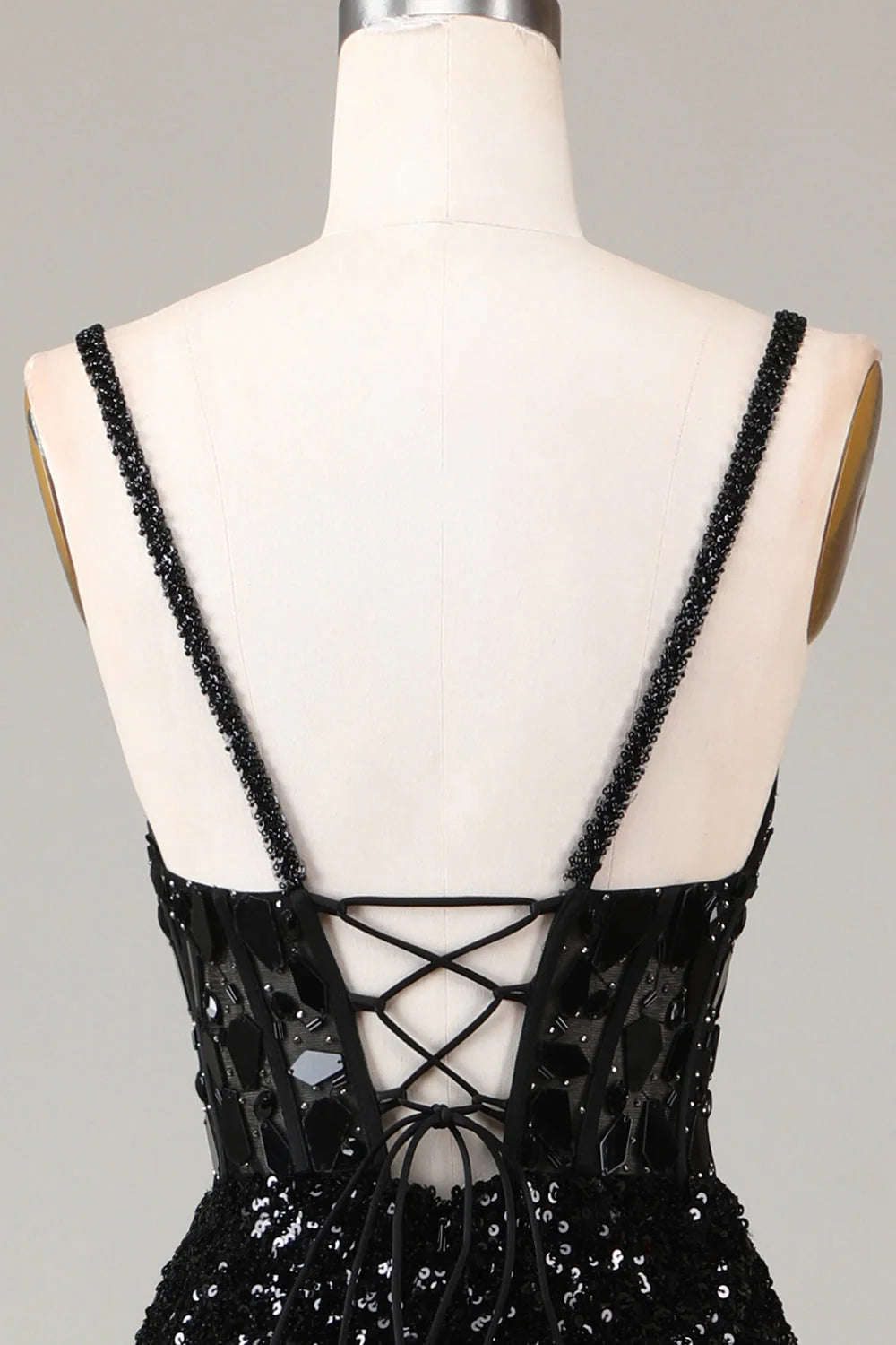 Amzcw Sheath Spaghetti Straps Sparkly Sequins Black Prom Dress with Split Front prom dresses with long sleeves