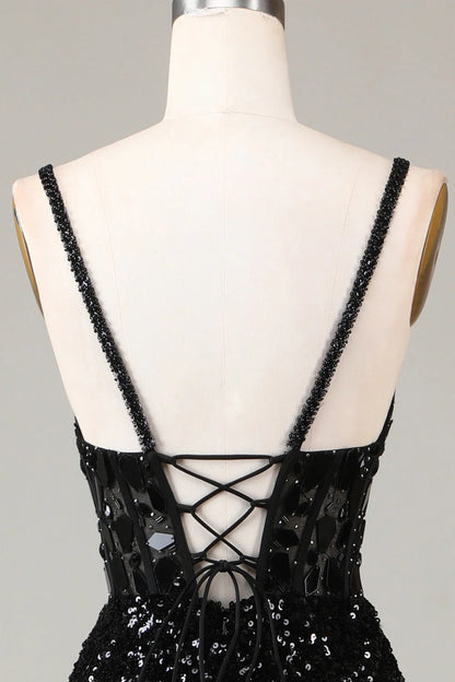 Amzcw Sheath Spaghetti Straps Sparkly Sequins Black Prom Dress with Split Front prom dresses with long sleeves