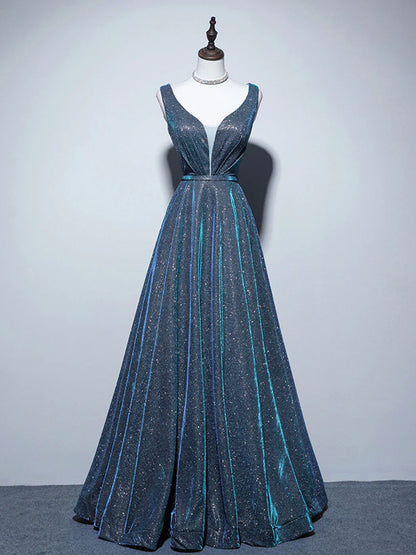 Vestido de fiesta largo azul satinado con escote en V y corte A de Amzcw. Vestidos formales azules. Vestido de fiesta en tienda. 