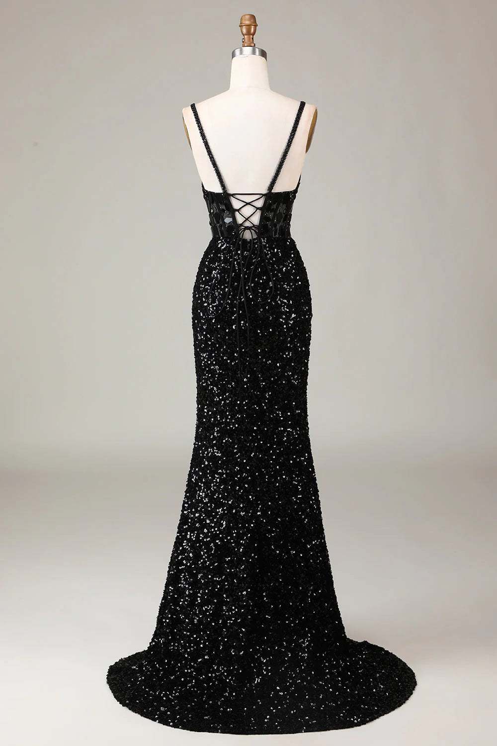 Amzcw Sheath Spaghetti Straps Sparkly Sequins Black Prom Dress with Split Front prom dresses with long sleeves