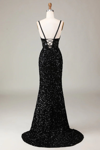 Amzcw Sheath Spaghetti Straps Sparkly Sequins Black Prom Dress with Split Front prom dresses with long sleeves