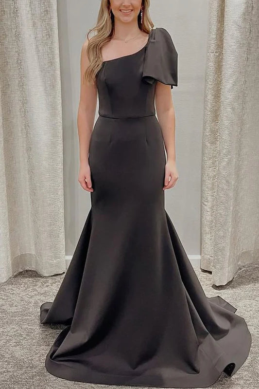 Vestido de fiesta largo de sirena sin mangas de satén con lazo y un hombro negro Amzcw con cola