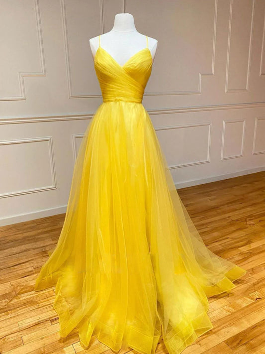 Amzcw Yellow sweetheart tulle long prom dress yellow evening dress formal wear dresses