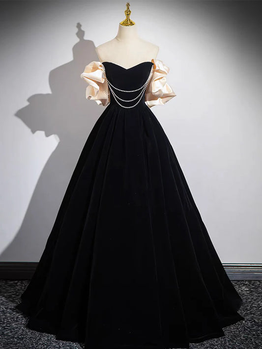 Amzcw A-Line Black Velvet Long Prom Dress Black Long Evening Dress prom dress in store