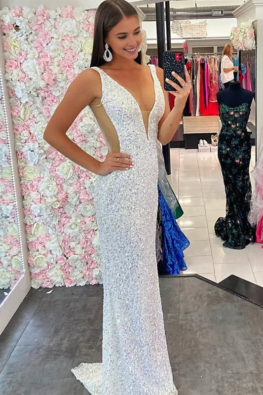 Amzcw Elegant White Sequin V-Neck Mermaid Long Formal Dress ﻿