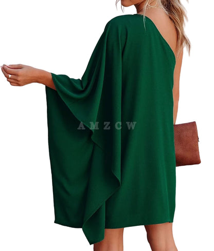 Amzcw Women's Casual Batwing Sleeve One Shoulder Dresses Summer Club Party Cocktail Dresses dresses evening wear ﻿