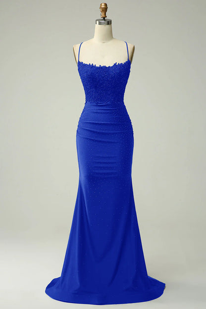 Amzcw Royal Blue Mermaid Halter Long Prom Dress with Appliques Beading
