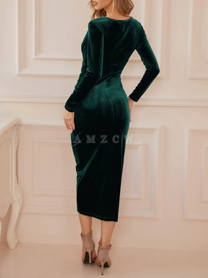 Amzcw Women's Elegant Velvet Long Sleeve Wrap V Neck Ruched Bodycon Cocktail Party Maxi Dress dresses evening wear ﻿