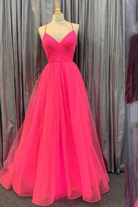 Amzcw Elegant Hot Pink Lace-Up Back Pleated A-line Long Prom Dress