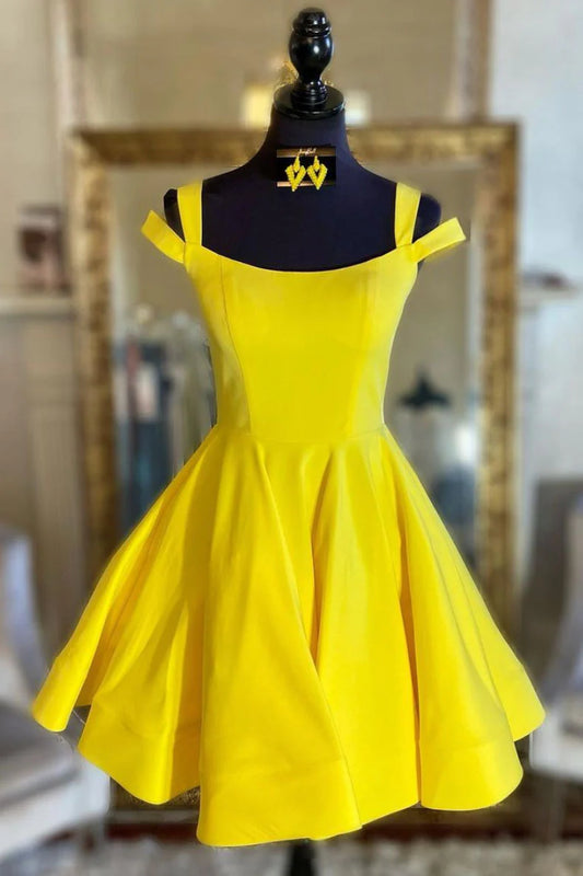 Amzcw Simple yellow satin short prom dress yellow cocktail dress New Arrivals