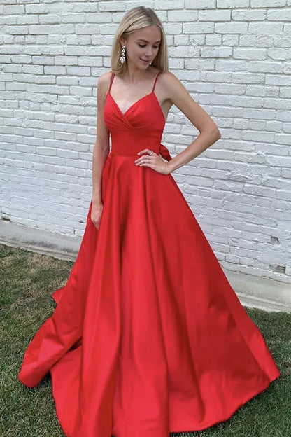 Vestido de fiesta largo de satén rojo con escote en V de Amzcw, vestido de noche de satén rojo, vestidos formales 