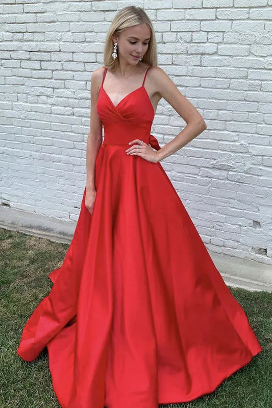 Amzcw Red v neck satin long prom dress red satin evening dress formal wear dresses